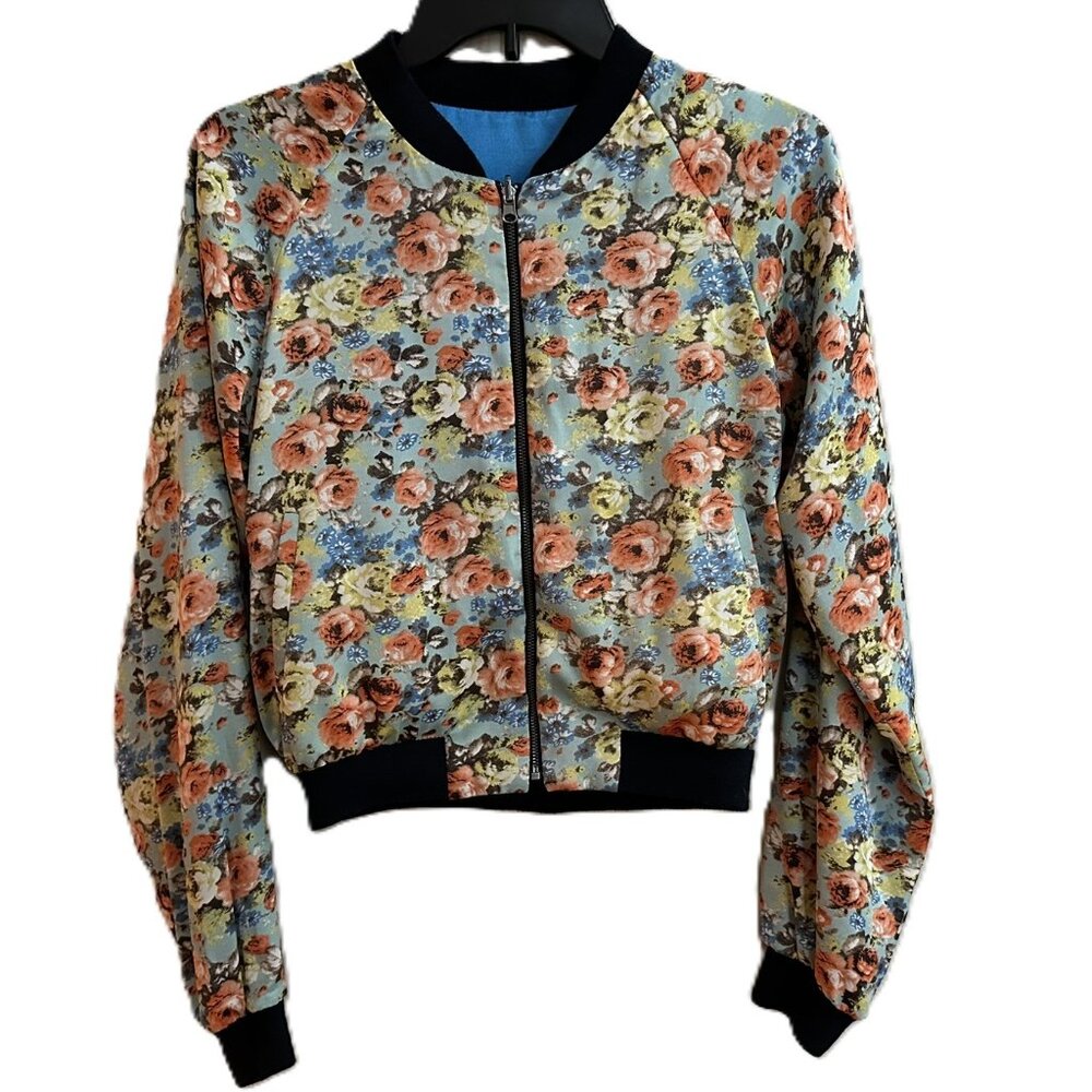 Junior 7 Reversible Jacket Short Moto Style Floral and Blue Satin 2 looks in 1